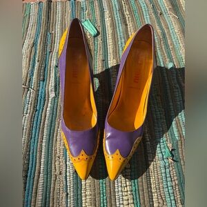 90s Miu Miu Purple and Yellow Colorblock Heels Sz 9